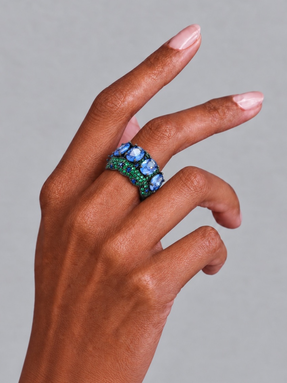 Royal Blue Sapphire Green Pavé Dome Coctail Ring